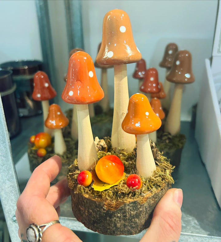 Trio of Ceramic Toadstools on Log Slice Decoration