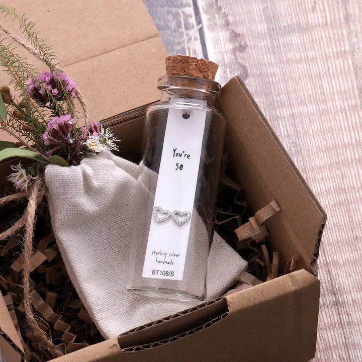 'You're 50' Crystal Hearts Earrings in Bottle