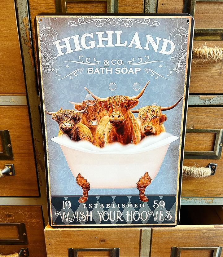 Highland Coo Wash Your Hooves Metal Hanging Sign