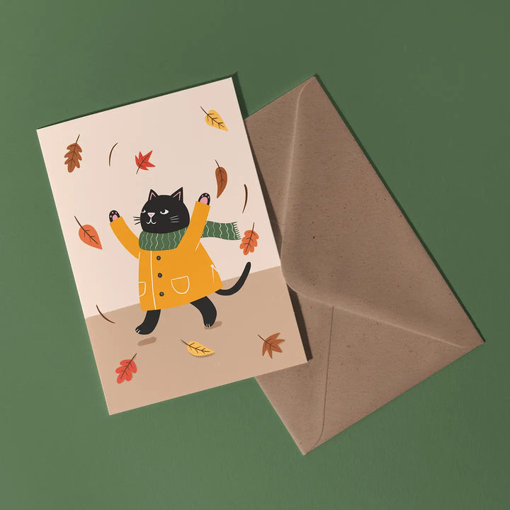 Autumn Leaves- Cute Cat Greeting Card