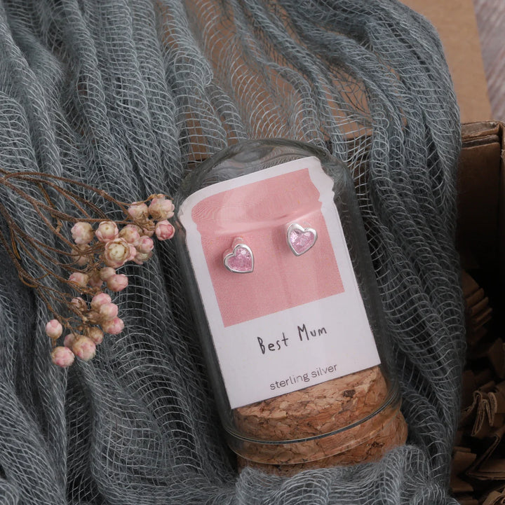 Best Mum Little Crystal Heart Earrings in Bottle