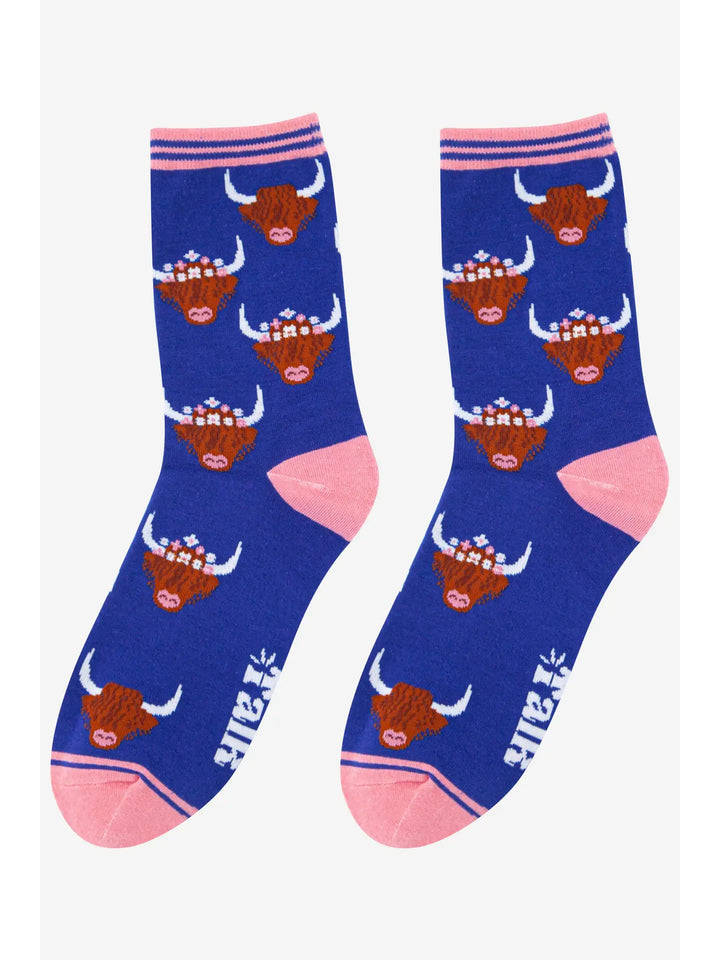 Women's Highland Cow Bamboo Socks in Blue