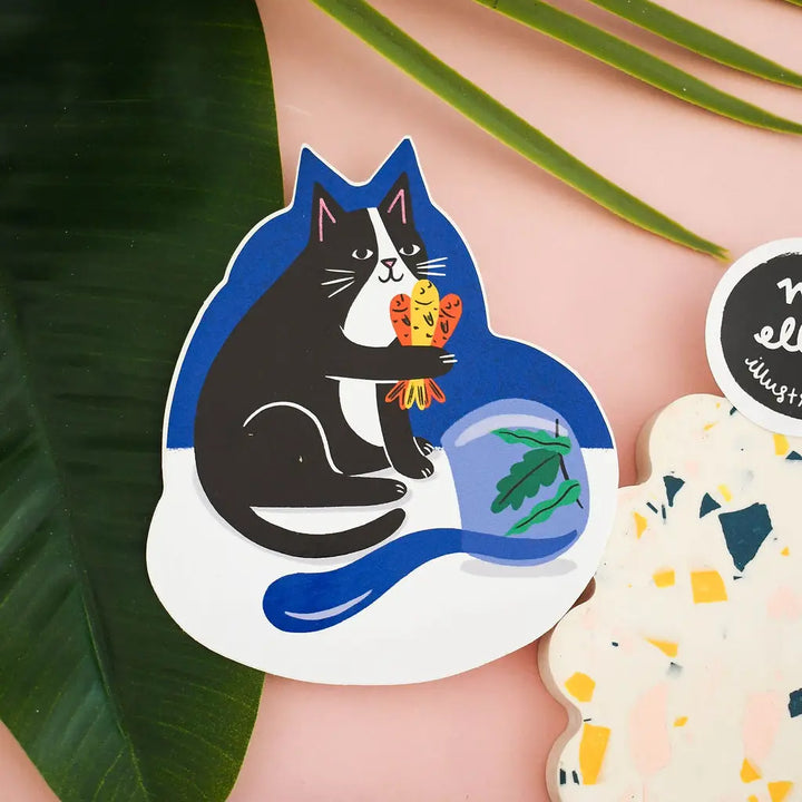 Cat with Fish Bouquet - Colourful Vinyl Sticker