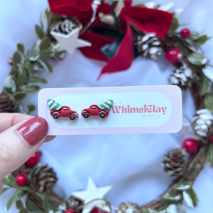 Christmas Truck with Tree Clay Stud Earrings