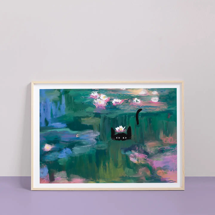 Clawed Meow Waterlily Cat A4 Art Print