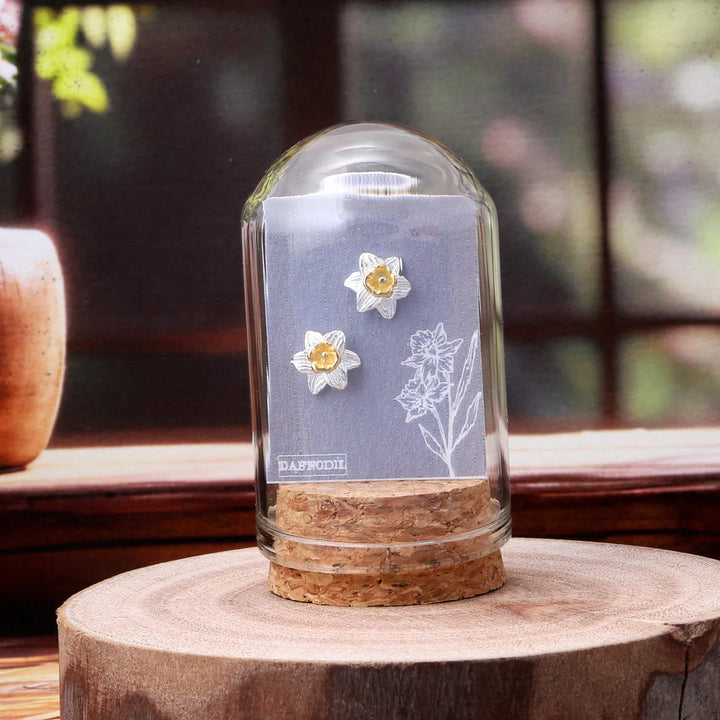 Silver Daffodil Flower Earrings in Bottle