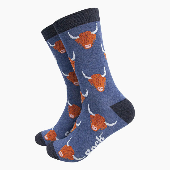 Mens Highland Cow Socks Denim Blue
