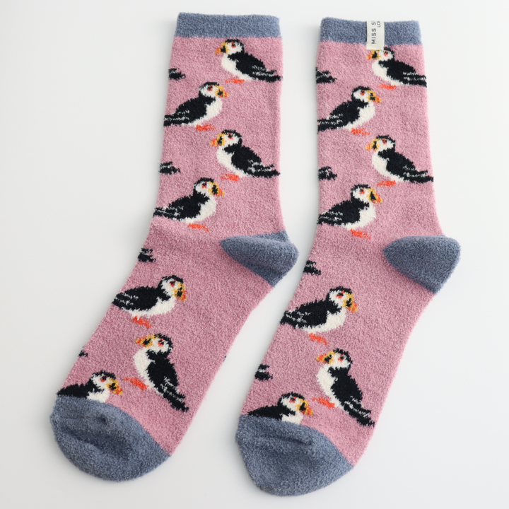 Fluffy Puffins Socks Mauve
