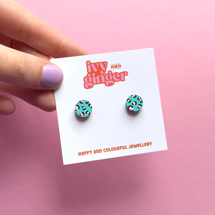 Mini Leopard Print Circle Studs Green And Pink