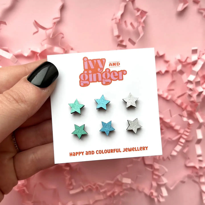 Silver Stars Set of Hand Painted Wood Studs