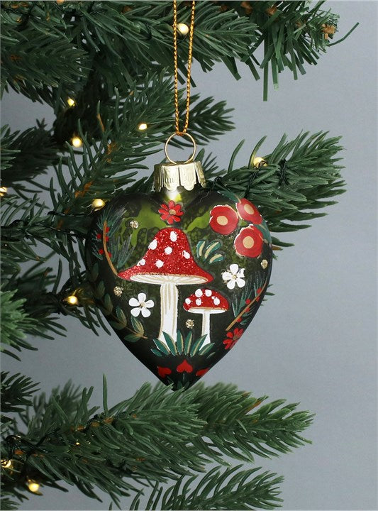 Antique Moss Green Heart Bauble with Toadstools
