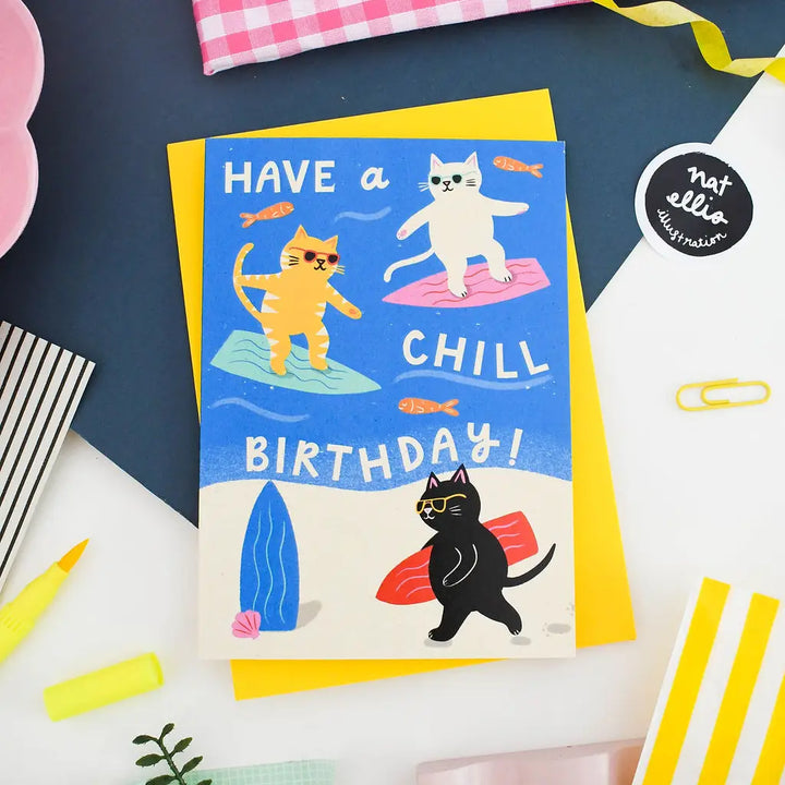 Have A Chill Birthday- Surf Cat Birthday Greeting Card
