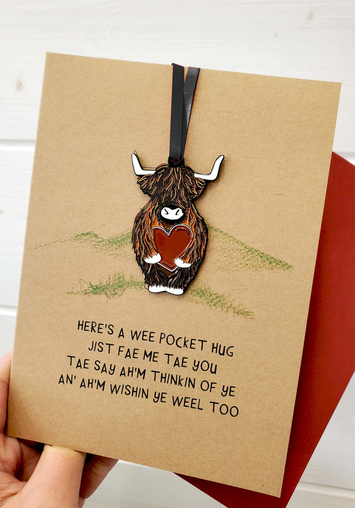 Pocket Hug Enamel Keepsake Charm Highland Coo Card