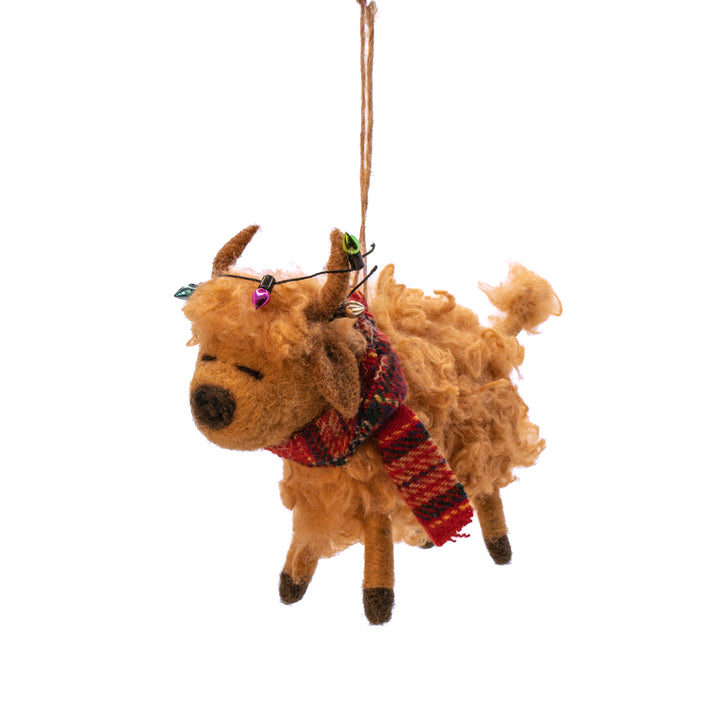 Highland Cow With Lights & Scarf Felt Decoration