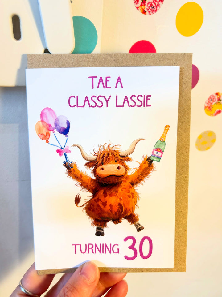 Highland Coo Classy Lassie 30th Birthday Card