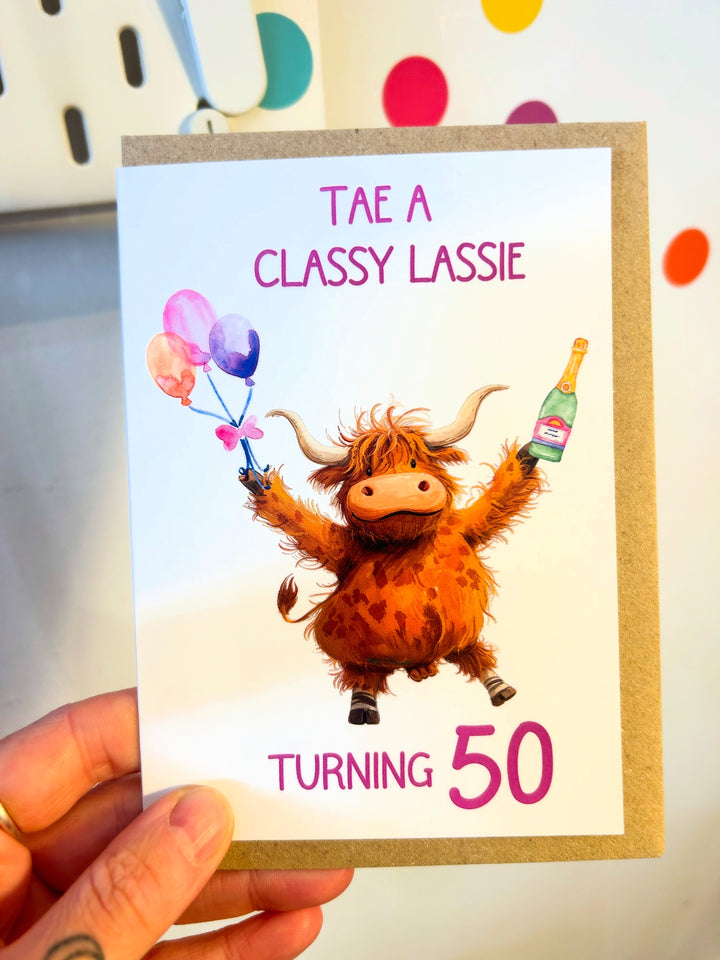 Highland Coo Classy Lassie 50th Birthday Card