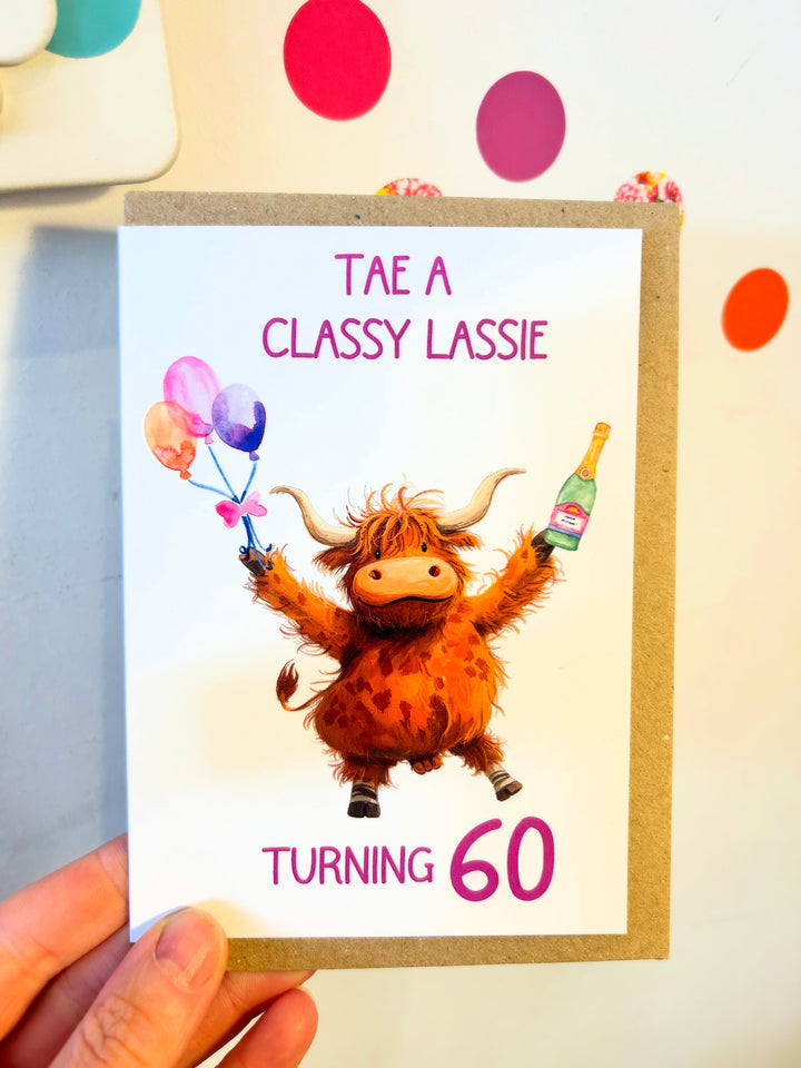 Highland Coo Classy Lassie 60th Birthday Card