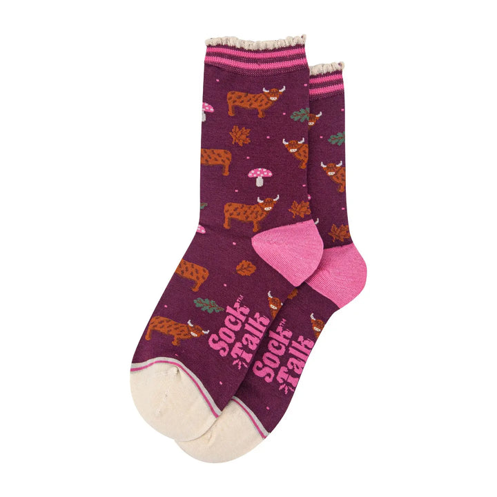 Women's Autumnal Highland Cow Socks Berry