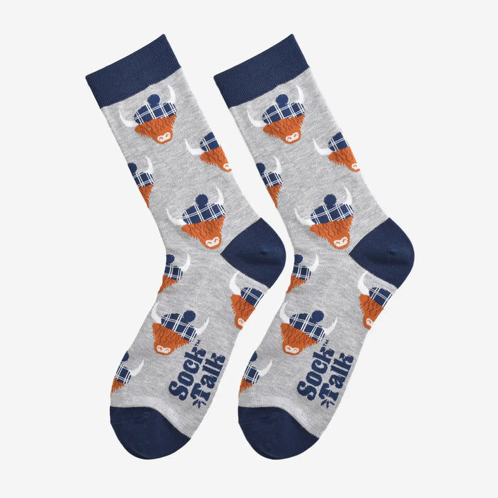 Men's Bamboo Socks - Grey/Blue, Highland Cow Tartan Hat