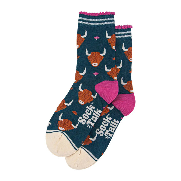 Women's Highland Cow & Toadstools Socks Teal