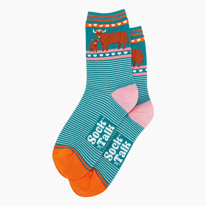 Women's Highland Cow & Calf Bamboo Socks Teal