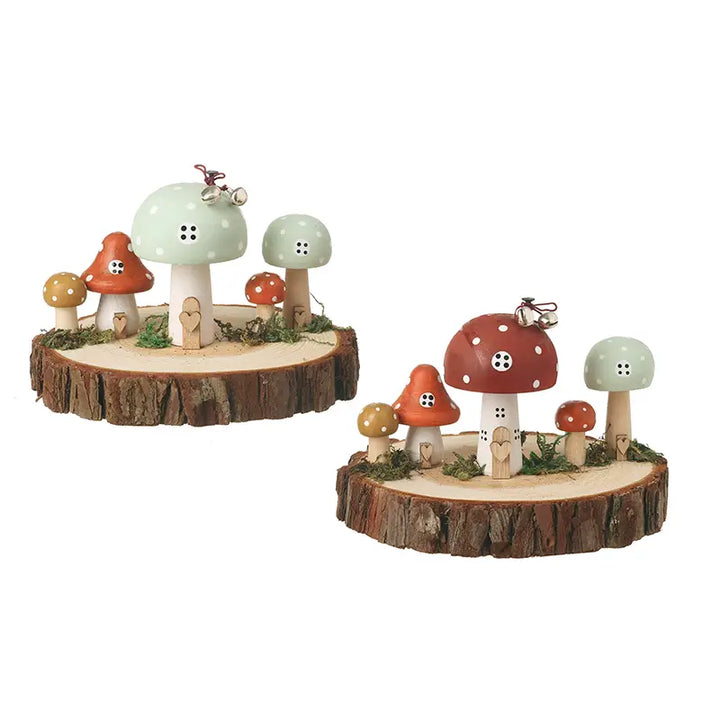 Wooden Toadstool House On Log Slice Assorted