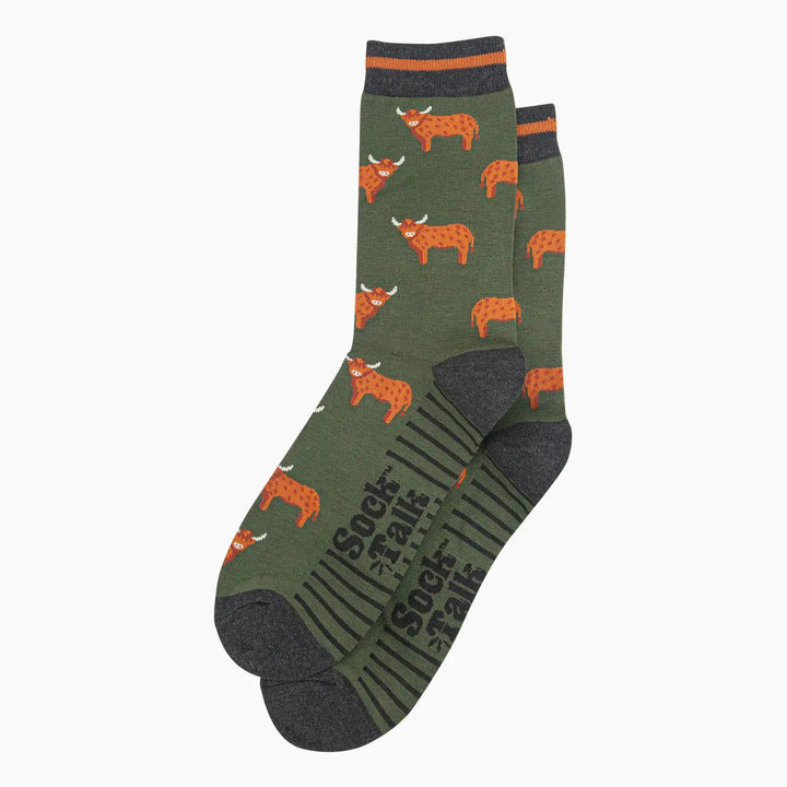 Highland Cow Stripe Mens Bamboo Socks Khaki