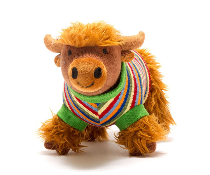 KNITTED HIGHLAND COW SOFT TOY WITH STRIPE JUMPER