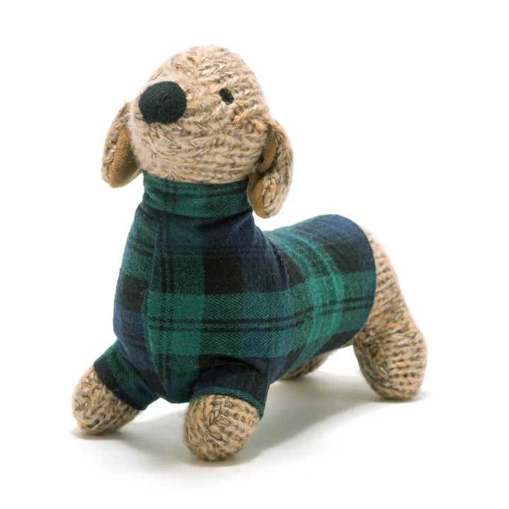 Sausage Dog Soft Toy Teddy - Knitted Fabric with Tartan Coat