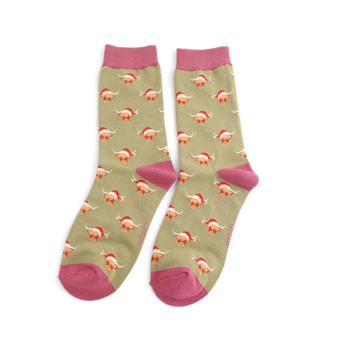 Women's Festive Highland Cow Print Olive Socks