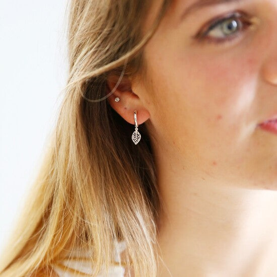 Little Leaf Huggie Earrings in Silver