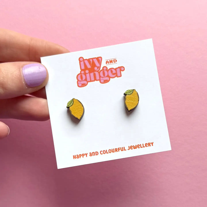 Little Hand Painted Wooden Lemon Stud Earrings