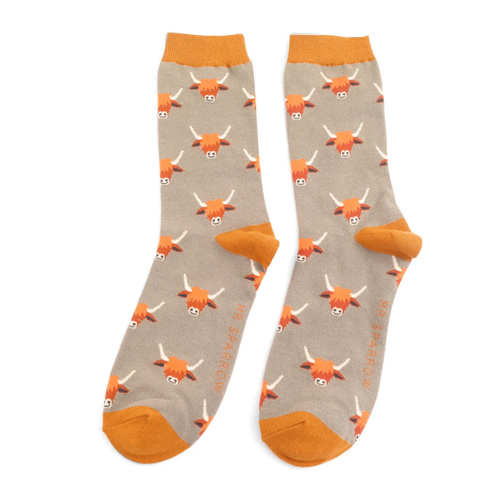 Mens Highland Cow Socks Khaki