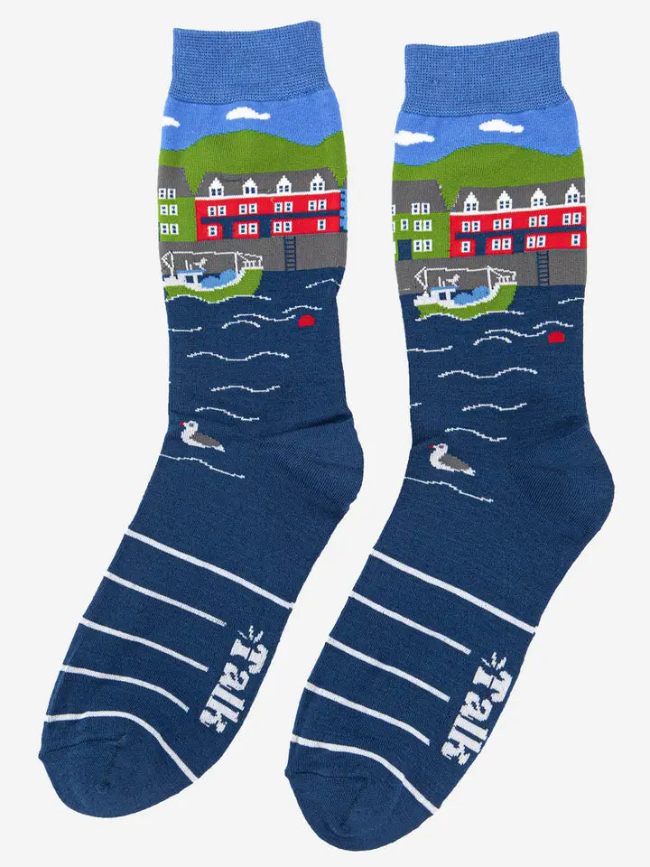 Men's Fishing Village Scene Bamboo Socks