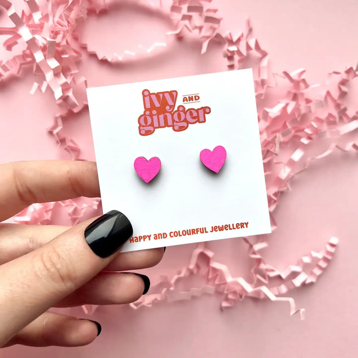 Mini Neon Pink Heart Studs Hand Painted Wooden Eco Friendly