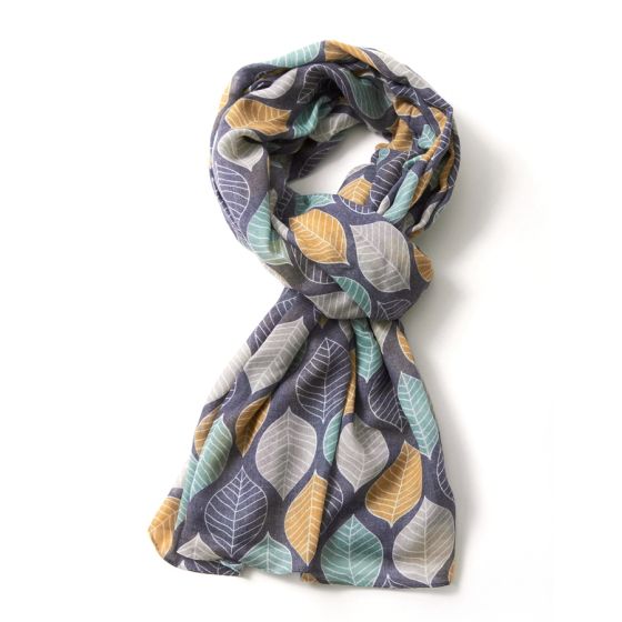 Large Leaves Print Scarf Navy