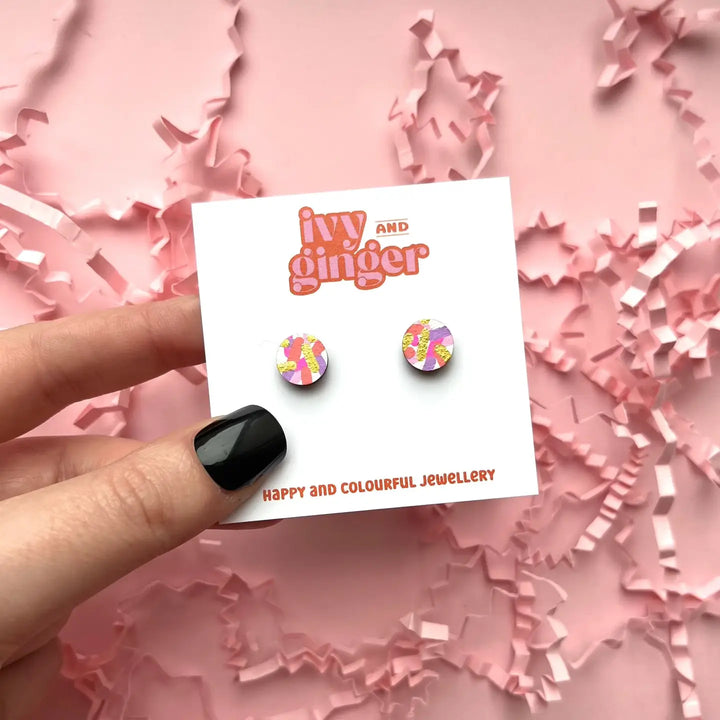 Mini Pink Circle Confetti Studs Hand Painted Wooden Earrings