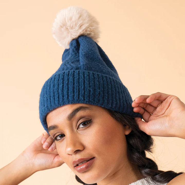 Ingrid Bobble Hat Navy And Mist