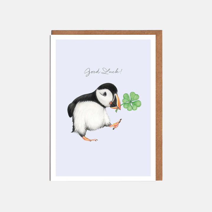Puffin & Four Leaf Clover Good Luck Card - 'good Luck'