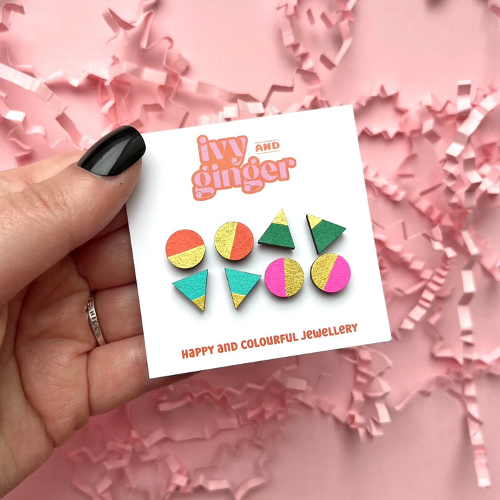 Handmade Retro Brights Gold Edge Stud Earrings Set