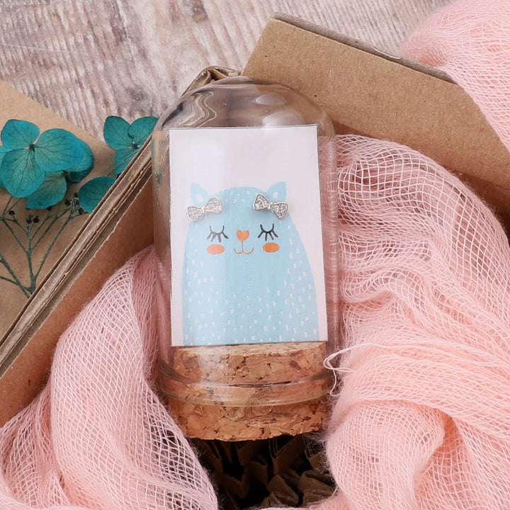 Cat with Crystal Bow Earrings in Bottle
