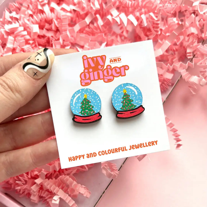 Large Christmas Tree Hand Painted Snow Globe Stud Earrings