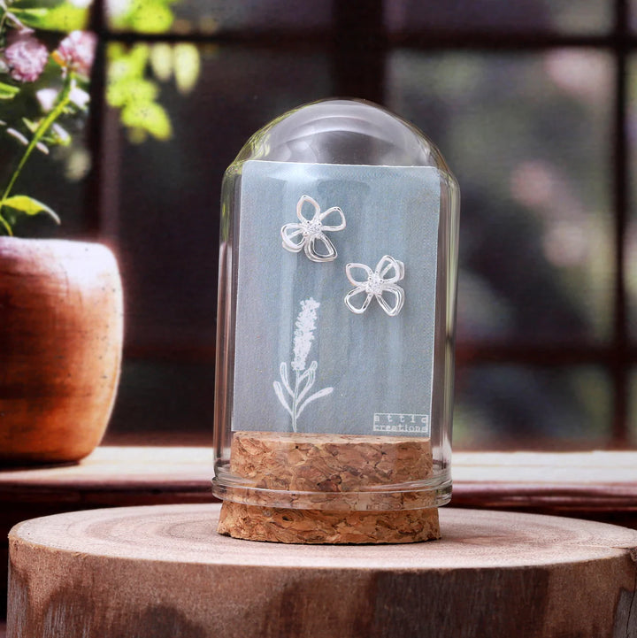 Silver Pansy Flower Earrings in Bottle