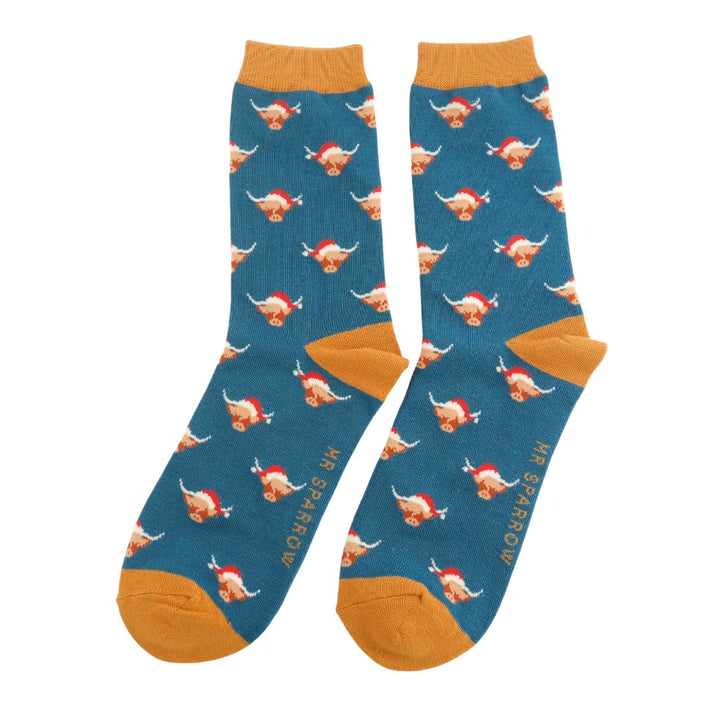 Men's Bamboo Socks - Festive Highland Cows Teal