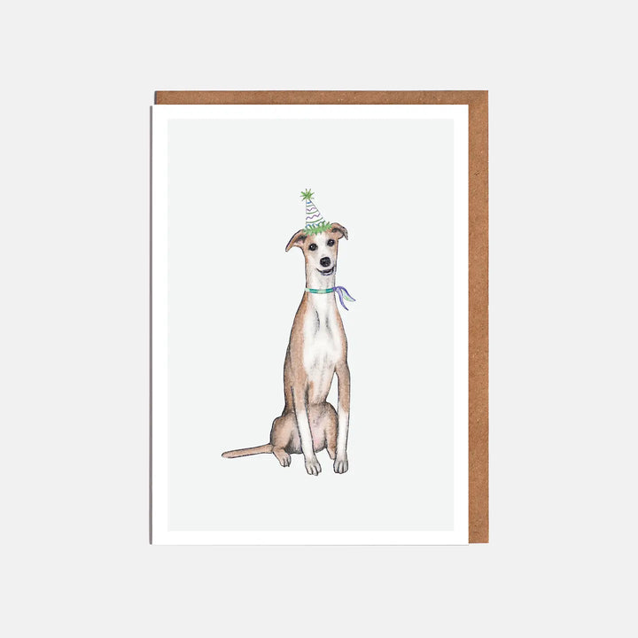 Whippet & Party Hat Dog Card - Blank or Birthday