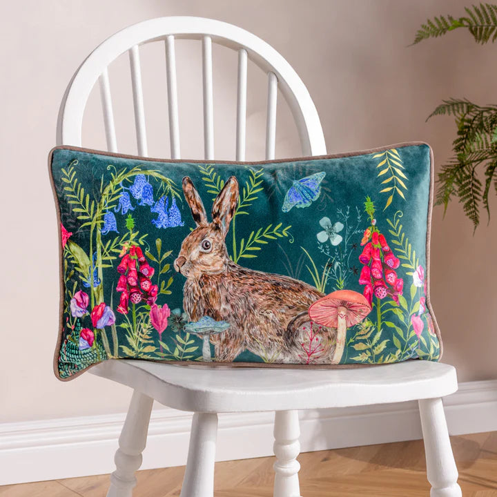 Willow Teal Rabbit Wildflower Meadow Cushion