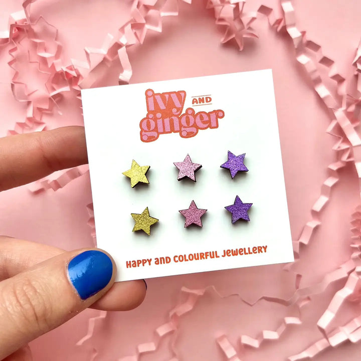 Gold Star Set Mini Hand Painted Wooden Earrings Eco Friendly