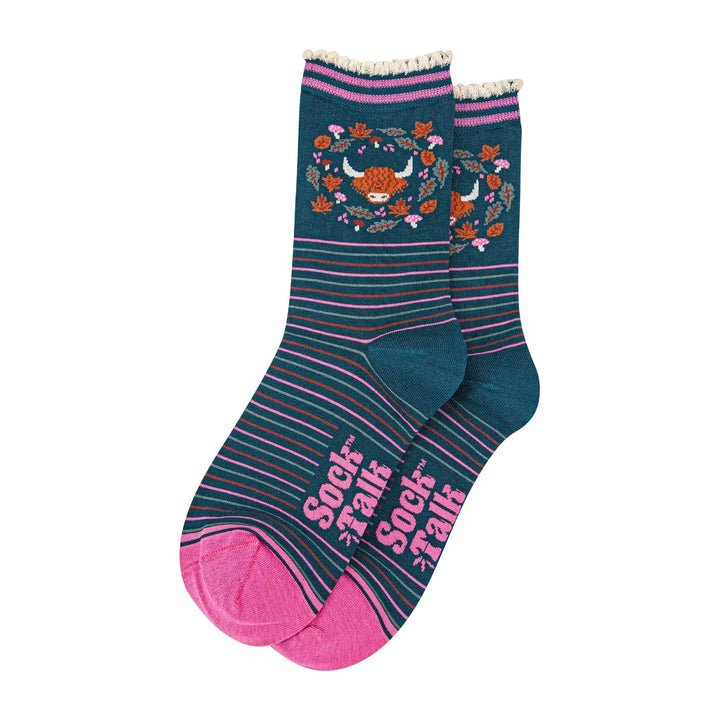 Women's Highland Cow & Autumn Wreath Socks Teal