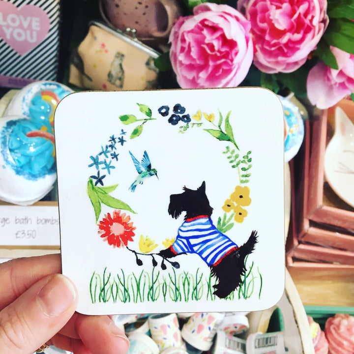 Scotty Dog Flowers Print Coaster