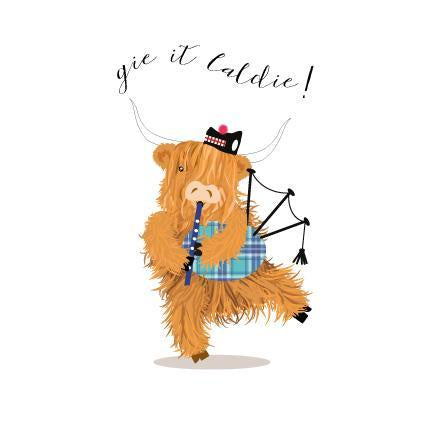 Gie it Laldie! Blank Highland Coo & Bagpipes Card
